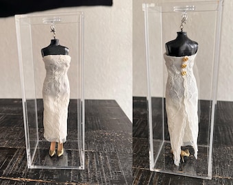 OOAK Miniature Lace Bridal Gown 1:12 – Strapless Fitted Dress with Gold Back Details & Shoes in Acrylic Case | The Bride Collection 2026