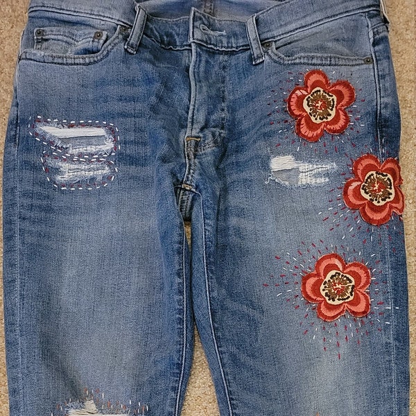 Embroidered Jeans - Etsy