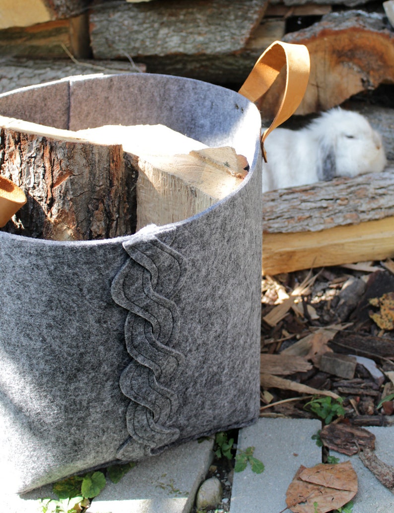 Felt Storage Basket With Leather Handles Home Decor Toy Etsy
