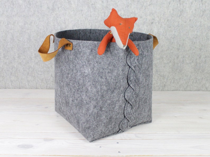 Felt Storage Basket With Leather Handles Home Decor Toy Etsy