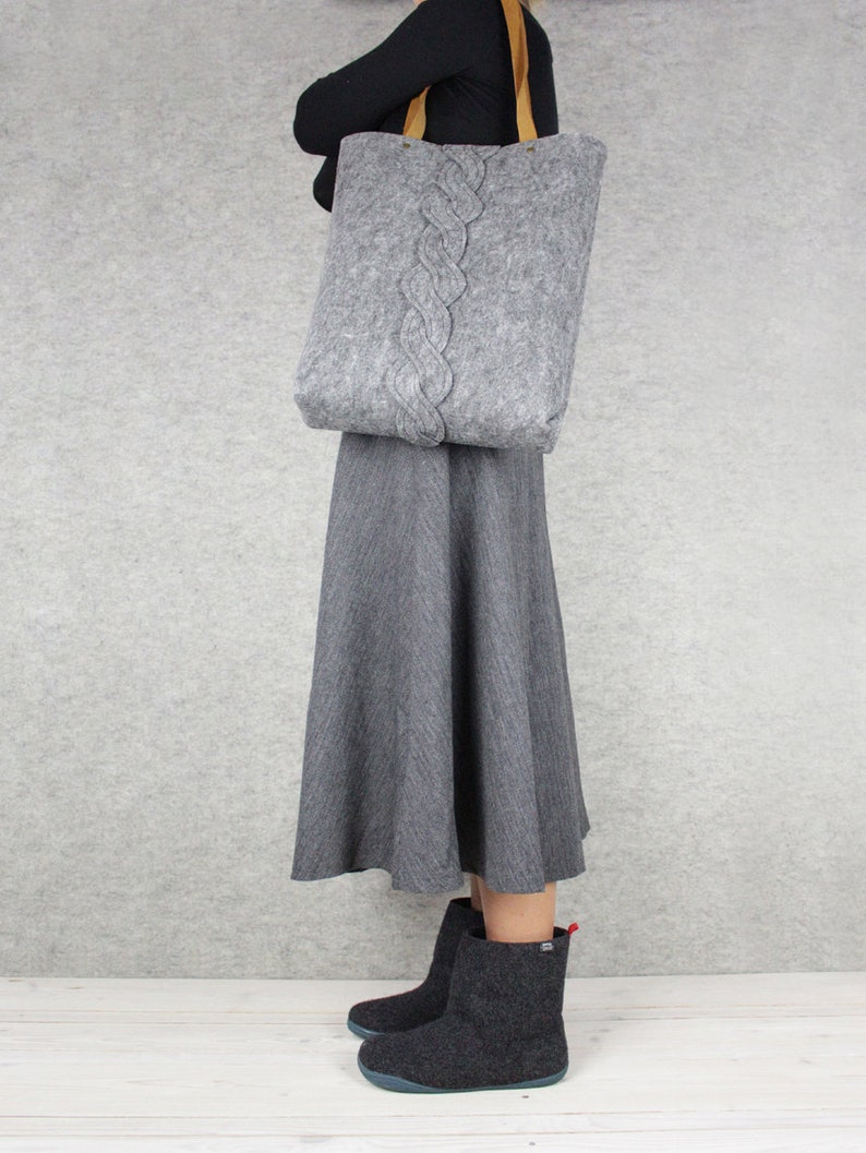 Tote Bag Womans Gray Felt Tote Leather Handbag Felt Handbag 15/'/' laptop Shoulder Bag
