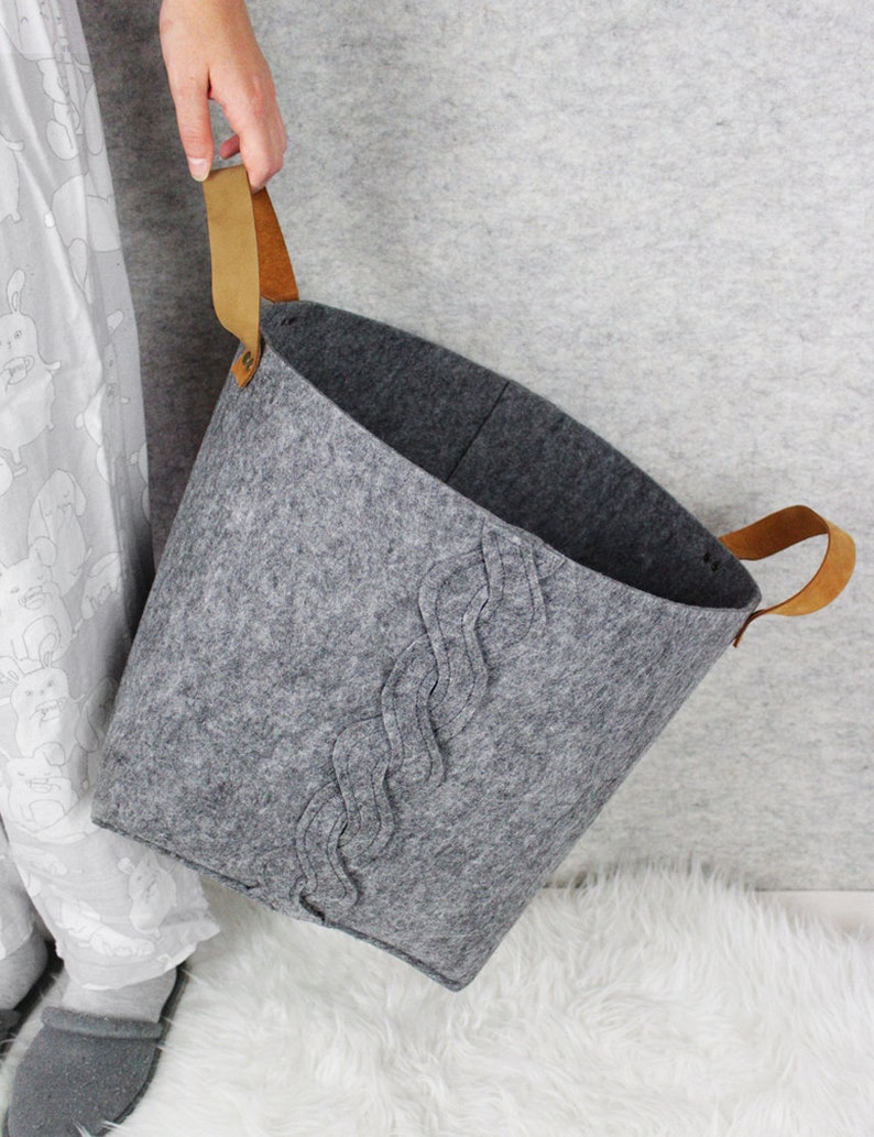 Felt Storage Basket With Leather Handles Home Decor Toy Etsy