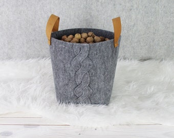 Felt Storage Basket- Small Size, Leather Handles, Home Decor