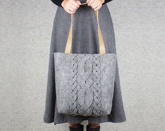 Felt Shoulder Bag, Casual Handbag, Felt Tote, Shopper Bag, Leather Straps, Shoulder Bag, Gray Felt Bag, Carry All Bag