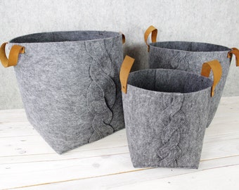 Trois Pack panier, panier de rangement feutre gris en feutre boîtes avec poignées en cuir, décor à la maison l’Organisation