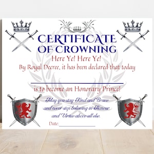 Prince Certificate AND Knight Certificate, Prince Party Favor, Prince Crowning Ceremony, Knight Crowning, Boys Party Favor, Prince Birthday