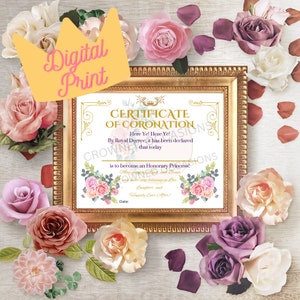 Personalisierte Prinzessin Party Krönungszertifikat, Prinzessin Krönungszertifikat, Prinzessin Gastgeschenke, Krönungszeremonie, zwei Versionen