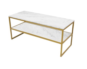 HOMER table with 2 marble plates - custom coffee-table with a shelf, marble, quartz conglomerate, 2 stone tops, gold, metal base