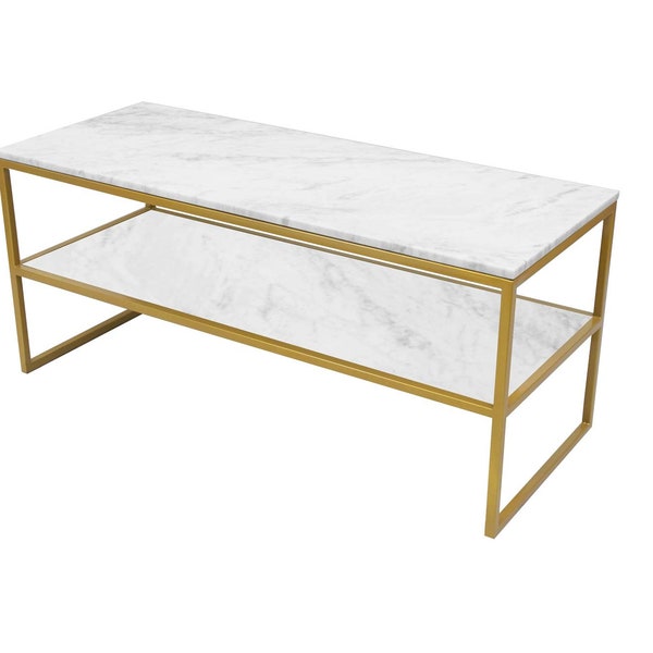 Table HOMER avec 2 assiettes en marbre - table basse sur mesure avec étagère, marbre, conglomérat de quartz, 2 plateaux en pierre, or