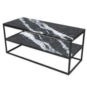 May include: A black metal frame with two shelves, each topped with a black and white marble surface.