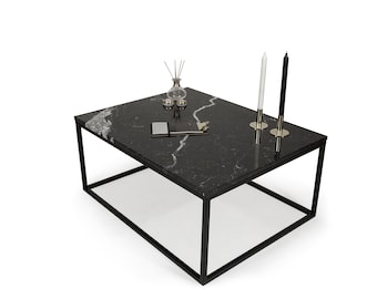 Stolik kawowy na zamówienie - Blacky - marmur czarny, Nero Marquina, blat marmurowy, stolik do salonu, ława marmurowa | Fashion-Home