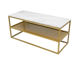 ATENA z półką -stolik na zamówienie, marmur, blat marmurowy, personalizacja, złoto, podstawa metalowa, elegancki stolik kawowy do salonu