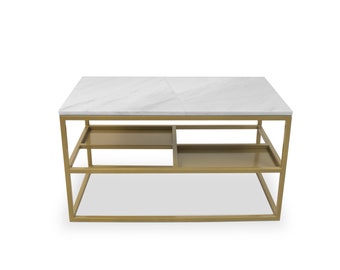 MARLEY - coffee table with two metal shelves - stone top - marble or quartz conglomerate - personalize the dimensions of the table