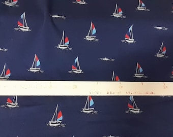 Jersey Stoff Segelboote maritim blau rot weiß ab 0,5 m 
