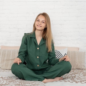 Linen Pajama Set Christmas Gift for Her Linen Pants/Shirts, Linen Clothing for Her, Ecofriendly Sleepwear for Woman Green