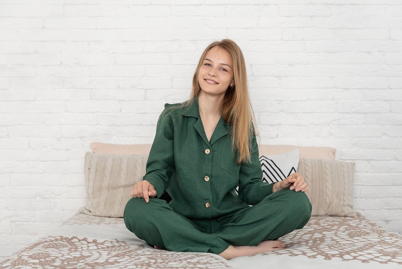 Linen Pajama Set Christmas Gift for Her Linen Pants/Shirts, Linen Clothing for Her, Ecofriendly Sleepwear for Woman Green