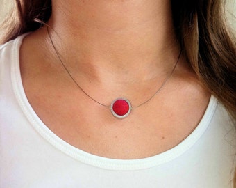 Personalizes short necklace with felt (pink, orange, red) and aluminum ring in your favorite length, costume jewelry, gifts for women