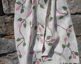 Scarf made of felt and silk (white, pink, green, brown) felted, flower tendrils as a gift, handwork, gifts for women