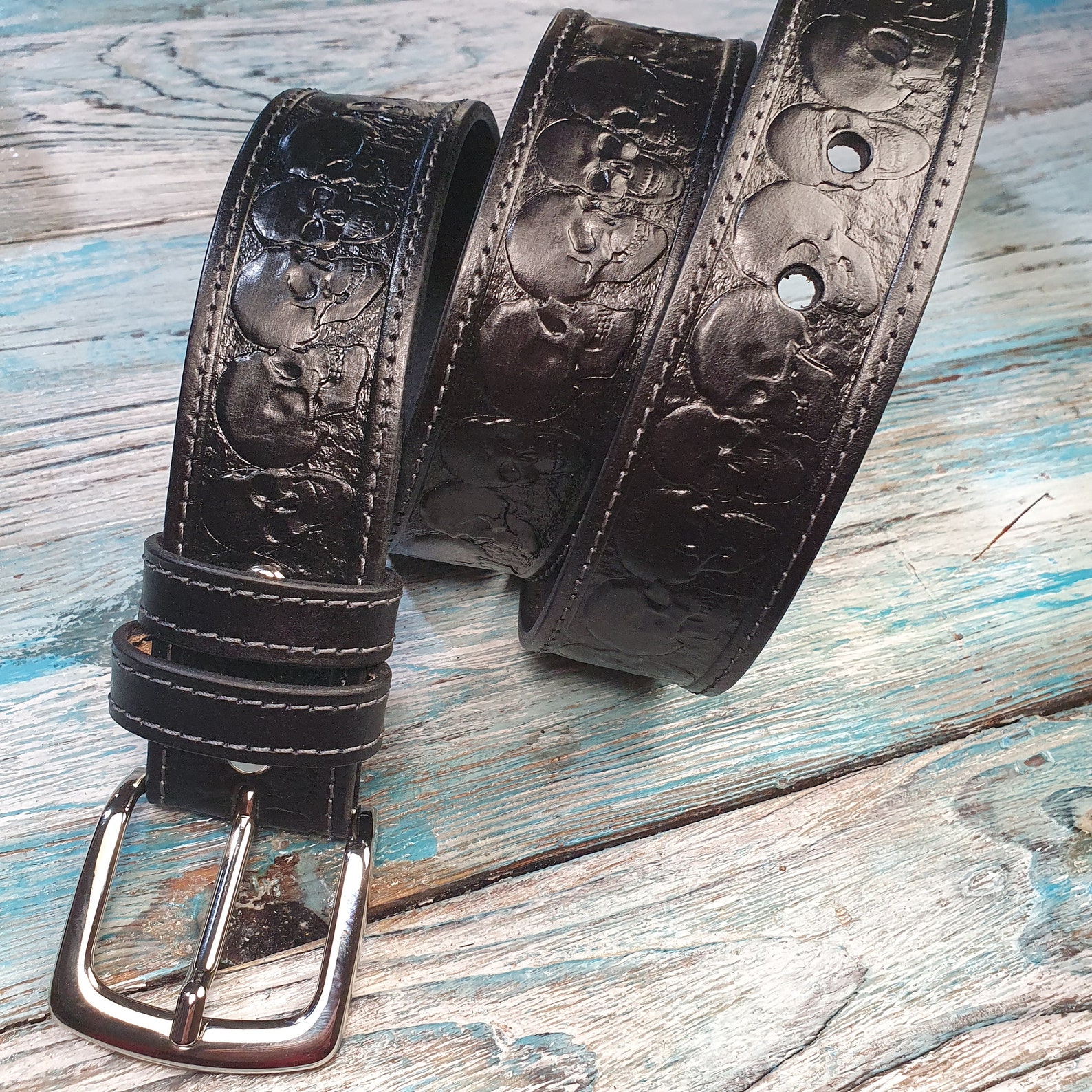 Skull belt Biker leather belt Tooled leather belt Personalized Etsy
