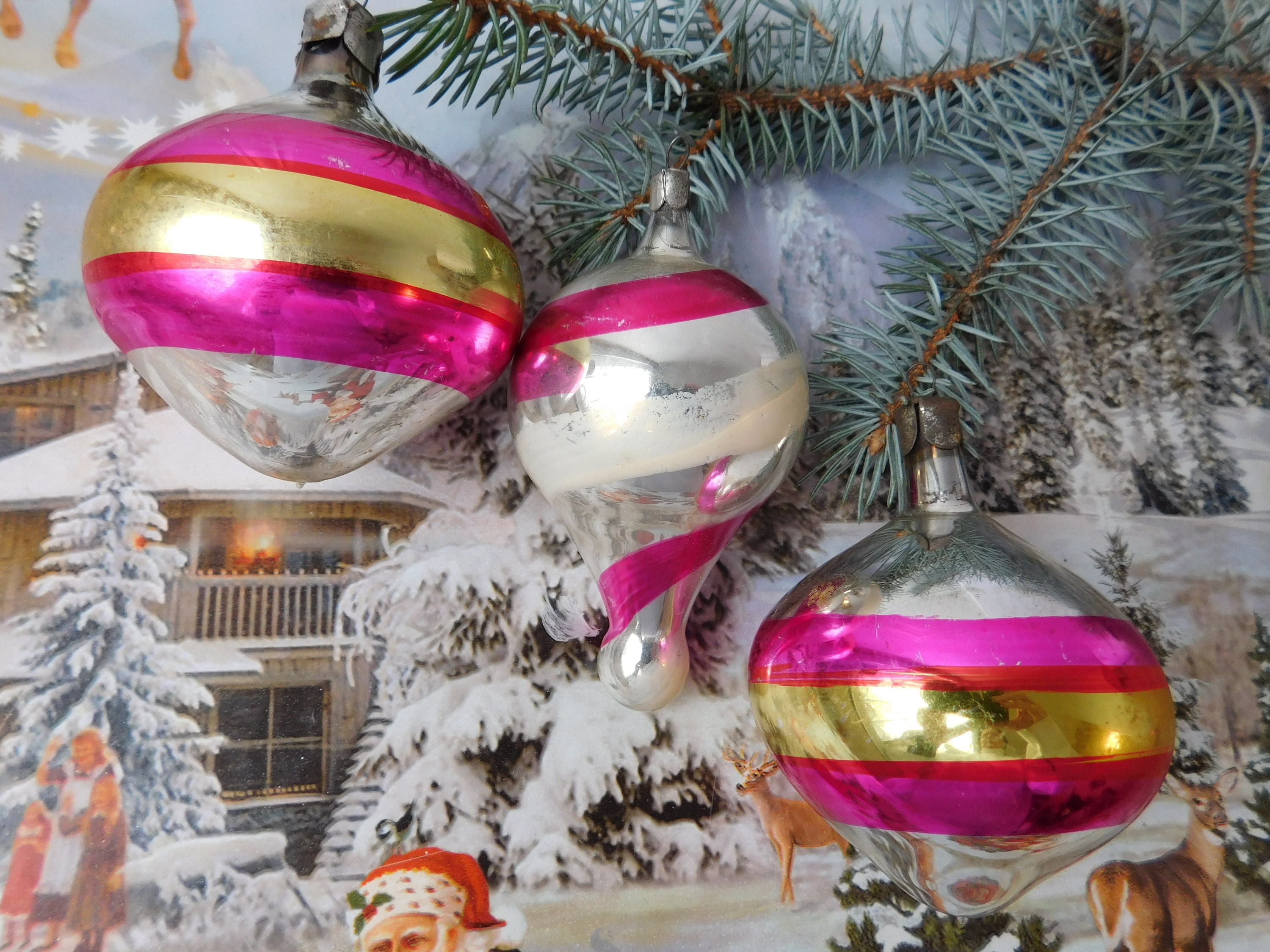 Three striped Vintage Christmas ornament ornaments Xmas Etsy
