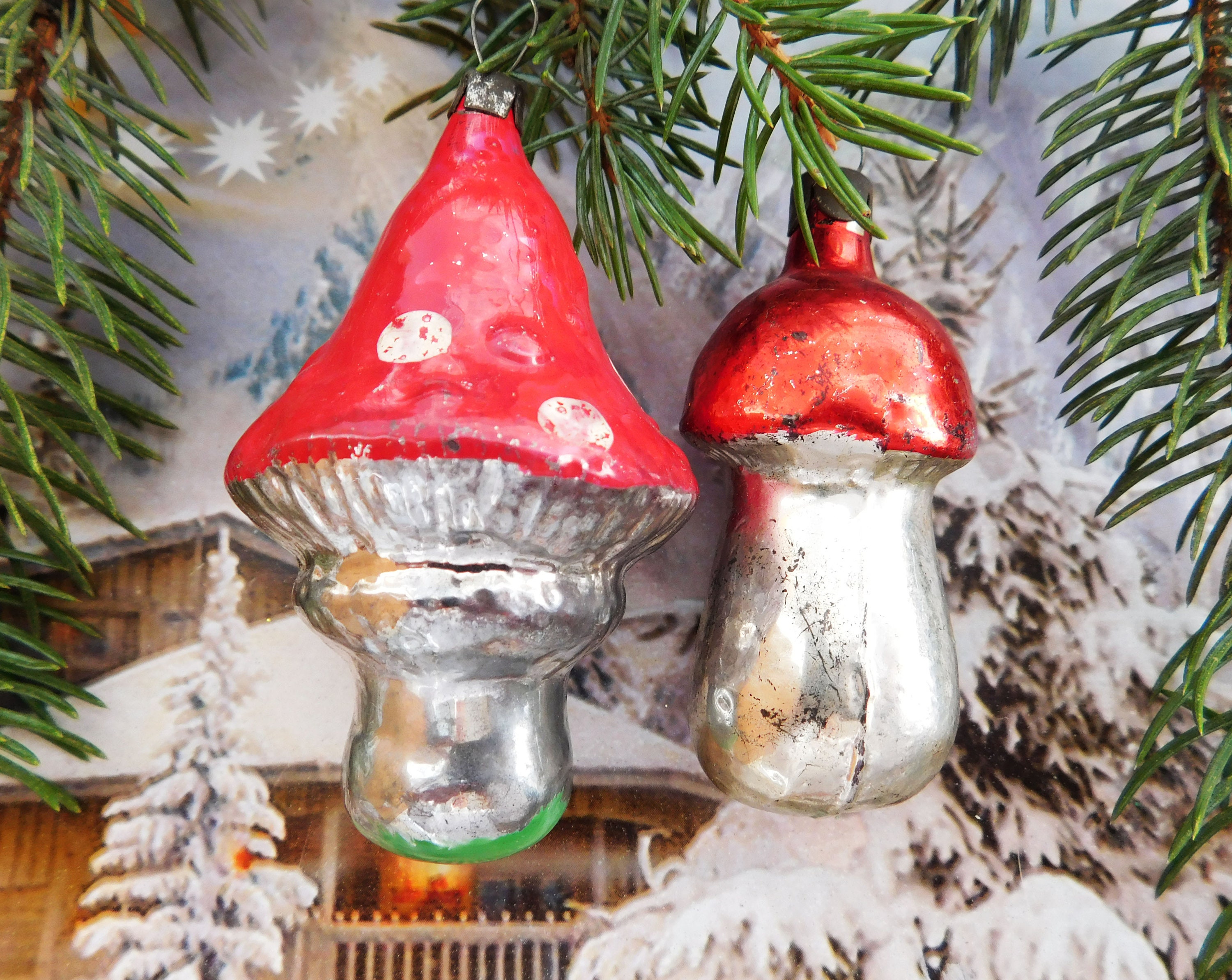 Two mushrooms Vintage Christmas ornament ornaments Christmas Etsy