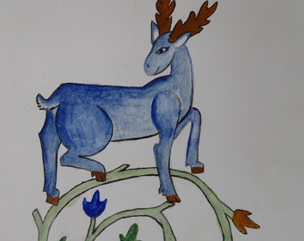 Egg Tempera Stag Painting: 14th C Marginalia Art Replica