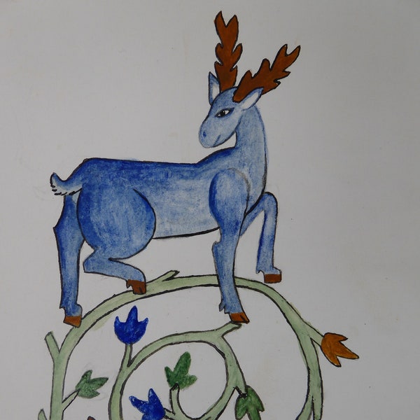 Egg tempera paint, Period art piece, Custom artwork, painted stag, Deer & ivy design, marginalia replica, 14th C artist, Luttrell psalter