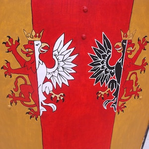 May include: A shield with a red and gold background. The shield is divided in half vertically. On the left side, a red lion with a white eagle on its back. On the right side, a black eagle with a red lion on its back.