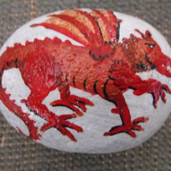 Painted Dragon Rock, decorated pebble, fantasy creature, stone animal, mythical dragon