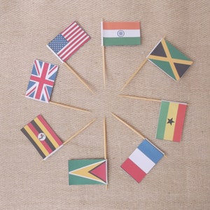 Banderas hechas con palillos de cóctel, minibanderitas para tartas, banderas nacionales, banderas de países, naciones del mundo, accesorios para juegos, adornos para cupcakes, banderas hechas con palillos de dientes