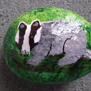 Puede incluir: Pintura de roca pintada a mano que representa un tejón sobre un fondo verde. El tejón es gris con ojos negros y una raya blanca en la cara.