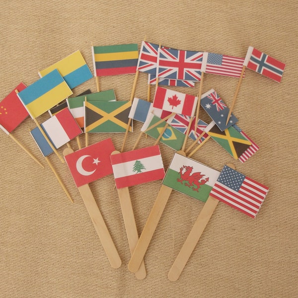 Drapeaux de bâton de cocktail, mini drapeaux de gâteau, drapeaux nationaux, drapeaux de pays, nations du monde, hauts de forme de gâteau de tasse