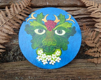 Greenman plaque, wild man, Pagan leaf face, Herne wall plaque, Wiccan altar piece, horns and leaves face, Oak King, Holly Lord