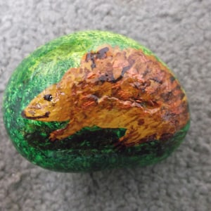 May include: A painted rock with a green background and a brown and yellow animal with a long snout, resembling a rodent, painted on it.