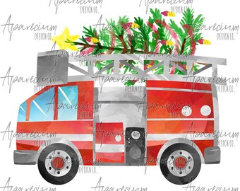 DIGITAL FILE Watercolor Firetruck with Christmas Tree Sublimation Design