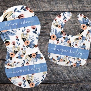 DIGITAL FILE Blue and Peach Floral Bib and Burp Cloth Sublimation Design Bundle