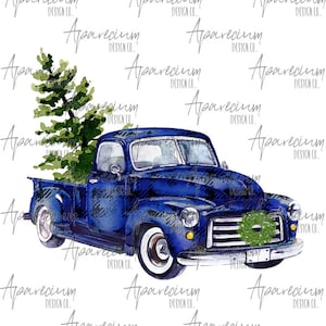 DIGITAL FILE Buffalo Plaid Vintage Blue Truck Christmas Sublimation Design