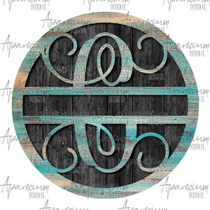 May include: A round wooden sign with a distressed turquoise and brown paint finish. The sign features a cutout of the letters "LG" in a decorative script font. The letters are painted a light blue color.
