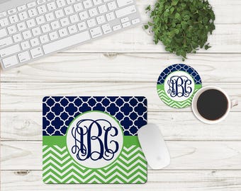 DIGITAL FILE Navy Blue and Green Chevron and Quatrefoil Mouse Pad and Coaster Desk Set Sublimation Design