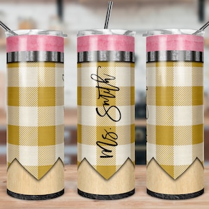 DIGITAL FILE Yellow Gingham Buffalo Plaid Teacher Pencil Skinny Tumbler Sublimation Design