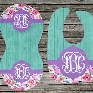 DIGITAL FILE Purple, Teal, and Pink Floral Bib and Burp Cloth Monogram Sublimation Design