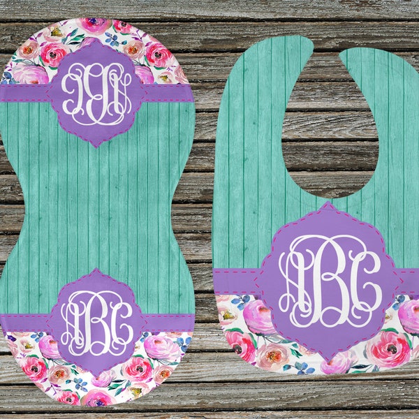 DIGITAL FILE Purple, Teal, and Pink Floral Bib and Burp Cloth Monogram Sublimation Design