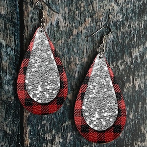 DIGITAL FILE Buffalo Plaid and Silver Glitter Leather Look Drop Earring Sublimation Design