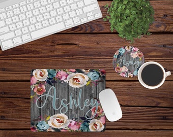 DIGITAL FILE Wooden Indigo and Pink Floral Mouse Pad and Coaster Desk Set Sublimation Design