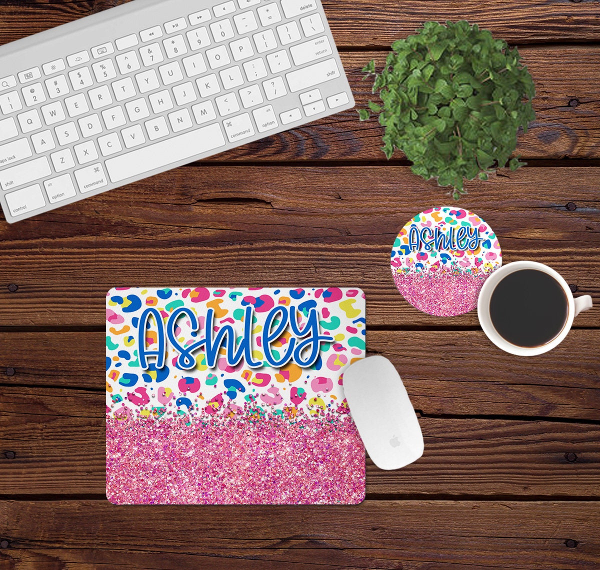 DIGITAL FILE Colorful Leopard Print and Glitter Look Mouse Pad and Coaster Desk Set Sublimation Design