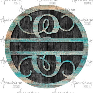 May include: A round wooden sign with a distressed blue and brown paint finish. The sign features a large, stylized letter "C" with a decorative flourish. The letter is cut out of the wood, revealing the background.