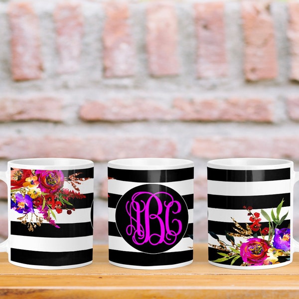 DIGITAL FILE Black and White Striped Floral Customizable Full Wrap Mug Sublimation Design