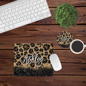 DIGITALE DATEI Leopard Print und Schwarz Glitzer Look Maus Pad und Untersetzer Schreibtisch Set Sublimationsdesign