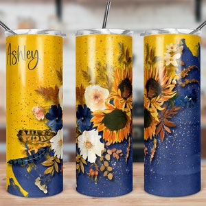 DIGITAL FILE Navy and Yellow Sunflower Floral Skinny Tumbler Sublimation Design