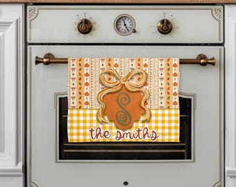 DIGITAL FILE Coquette Bow Fall Pumpkin and Leaves Dish Towel Sublimation Design